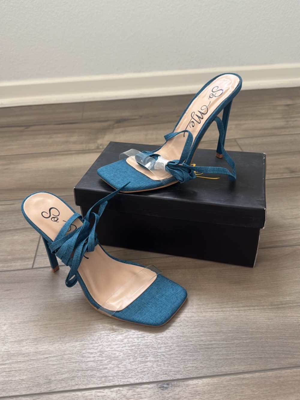 So Me Teal Square-Toe Lace-Up Stiletto Sandals